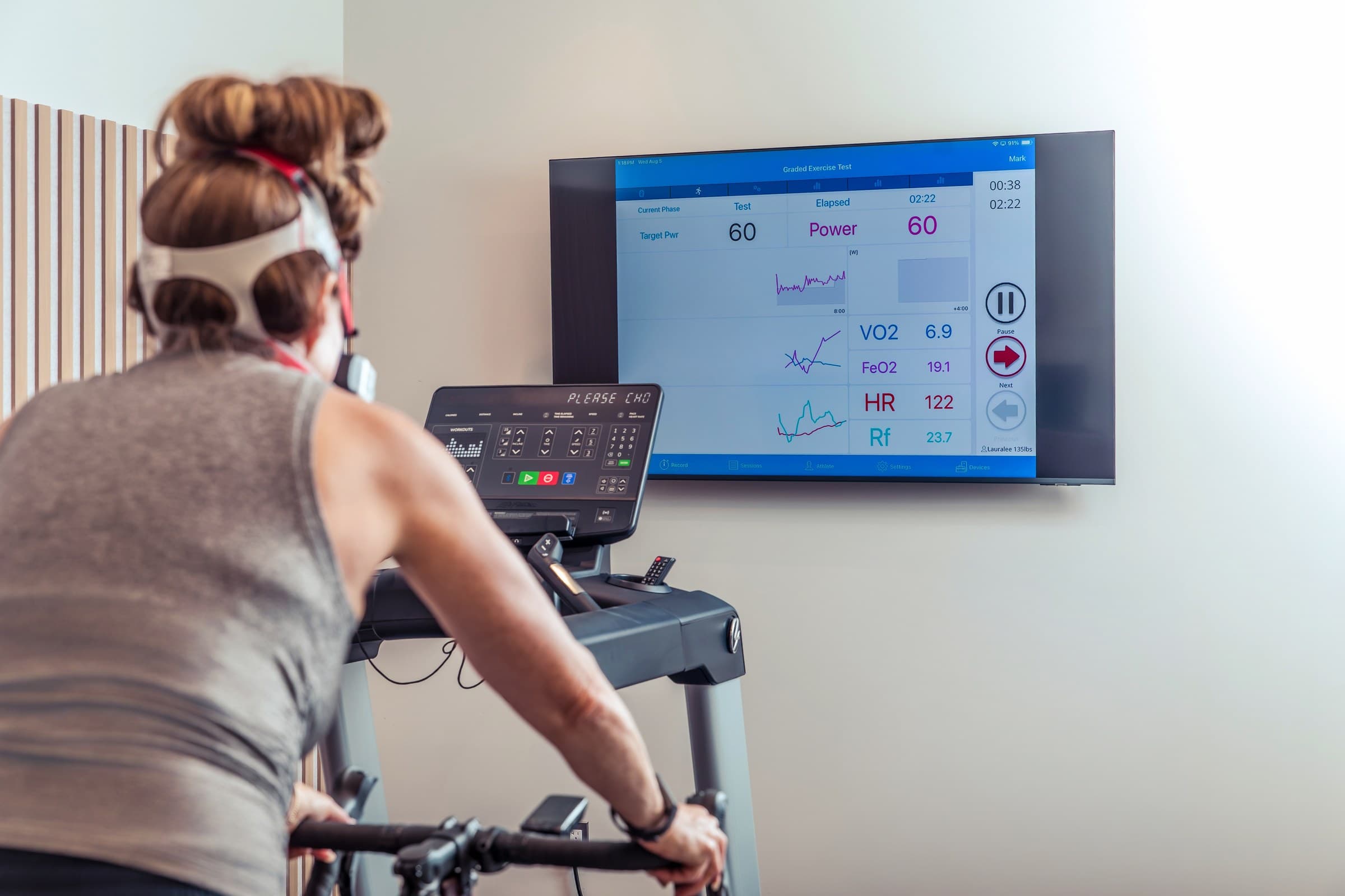 VO2 max test data displayed during a guided bike assessment
